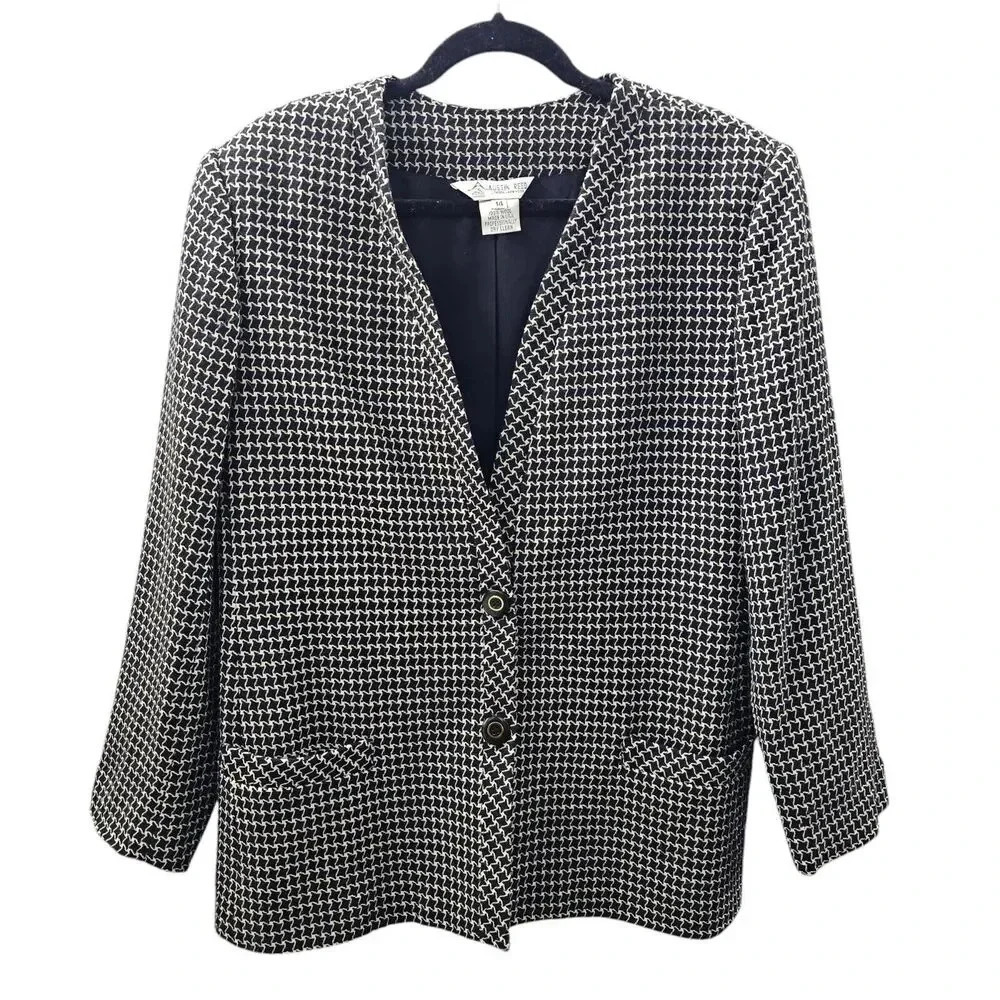 Austin Reed Women's Weaved Tweed Collarless Jacket Two Button Lined Blazer Sz 14
